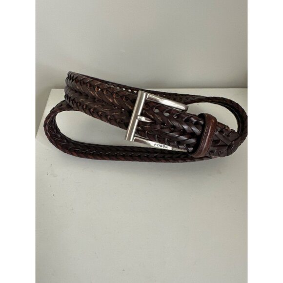 Fossil Belt Mens 38 Braided Leather Brown Adjustable Woven Classic - Picture 1 of 6